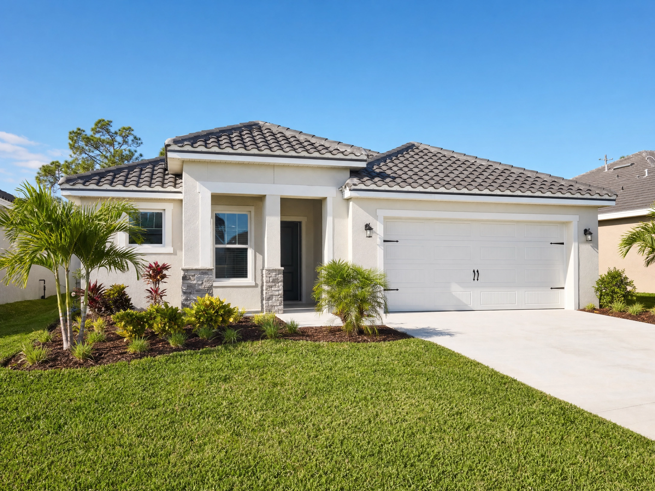 A new-construction home exterior in Lehigh Acres — tile roof, two-car garage, and fresh landscaping