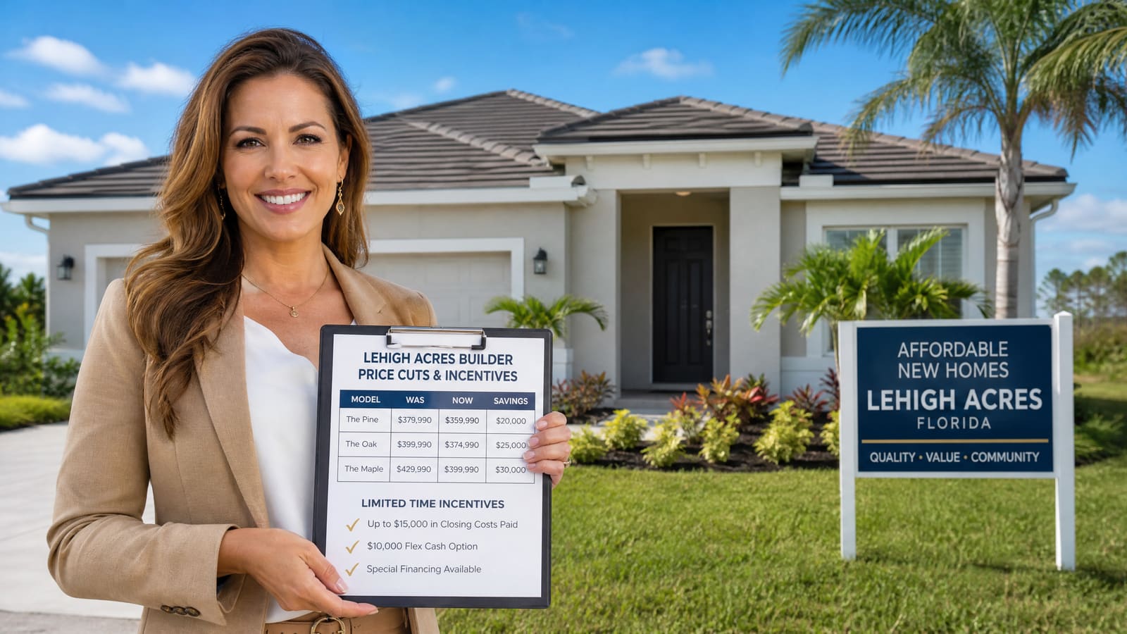 Buyers shaking hands with their agent outside a new construction home in Lehigh Acres after negotiating builder incentives