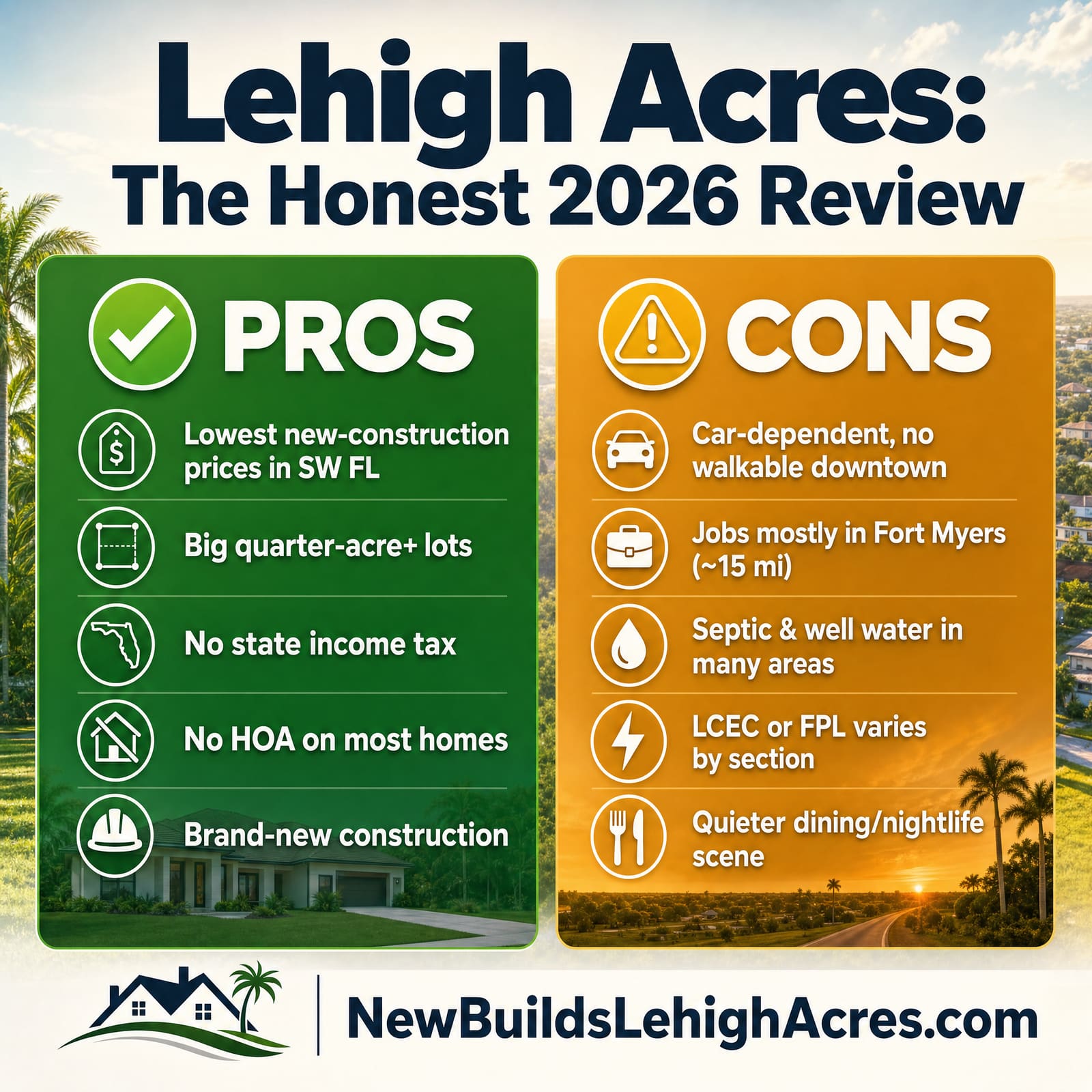 Lehigh Acres pros and cons at a glance: lowest new-construction prices in Southwest Florida, big lots, no state income tax, and no HOA on most homes — against car dependence, coastal commutes, septic and well areas, and section-based utilities