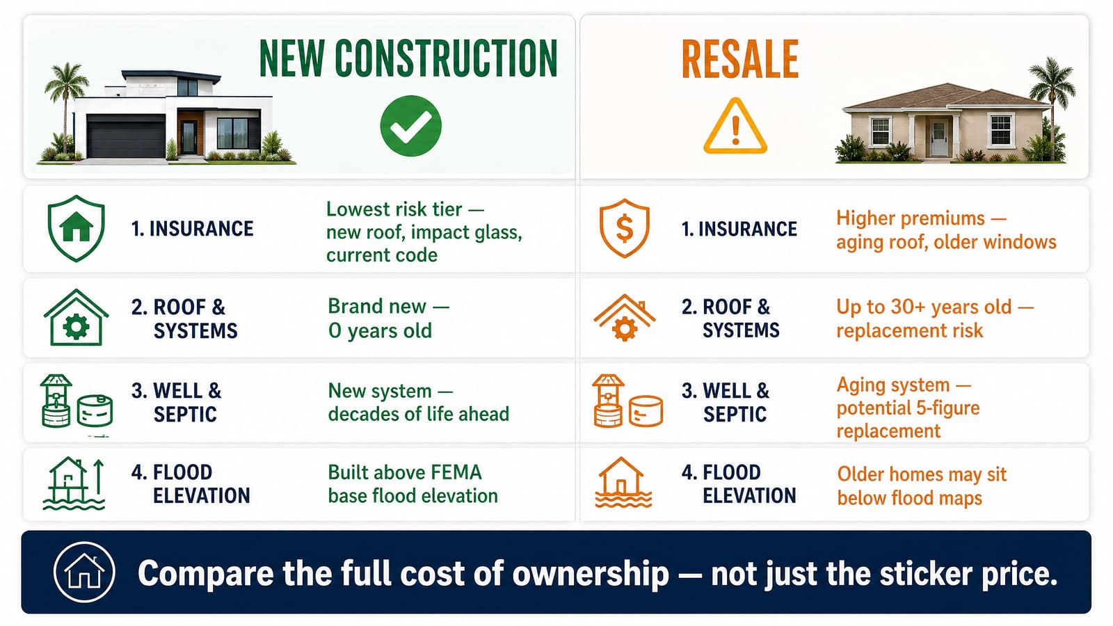 New construction vs resale in Lehigh Acres: insurance, roof and systems, well and septic, and flood elevation compared — compare the full cost of ownership, not just the sticker price