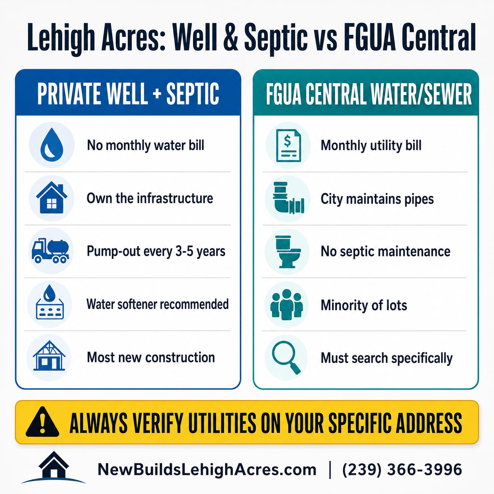 Lehigh Acres well and septic vs FGUA central water and sewer compared: no monthly water bill and self-owned maintenance on most new construction, versus a monthly utility bill on the minority of FGUA-served lots — always verify utilities on the specific address